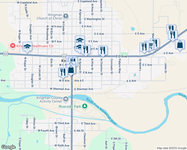 map of restaurants, bars, coffee shops, grocery stores, and more near 319 East B Avenue in Kingman