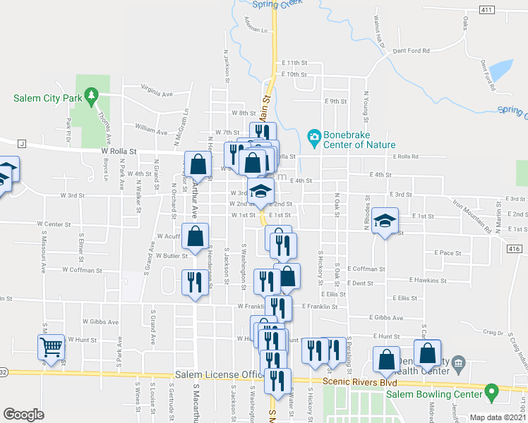 map of restaurants, bars, coffee shops, grocery stores, and more near 102 North Main Street in Salem