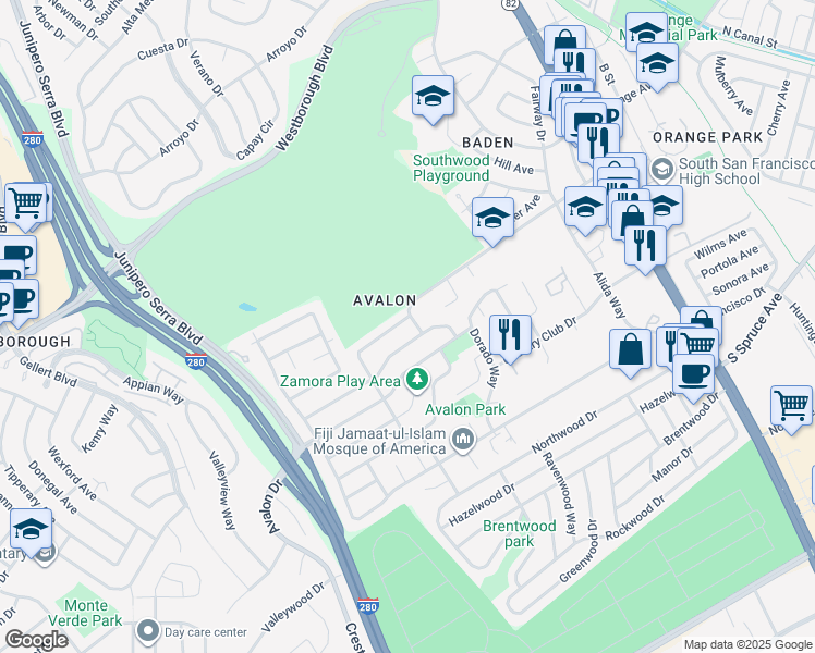 map of restaurants, bars, coffee shops, grocery stores, and more near 494 Alhambra Road in South San Francisco