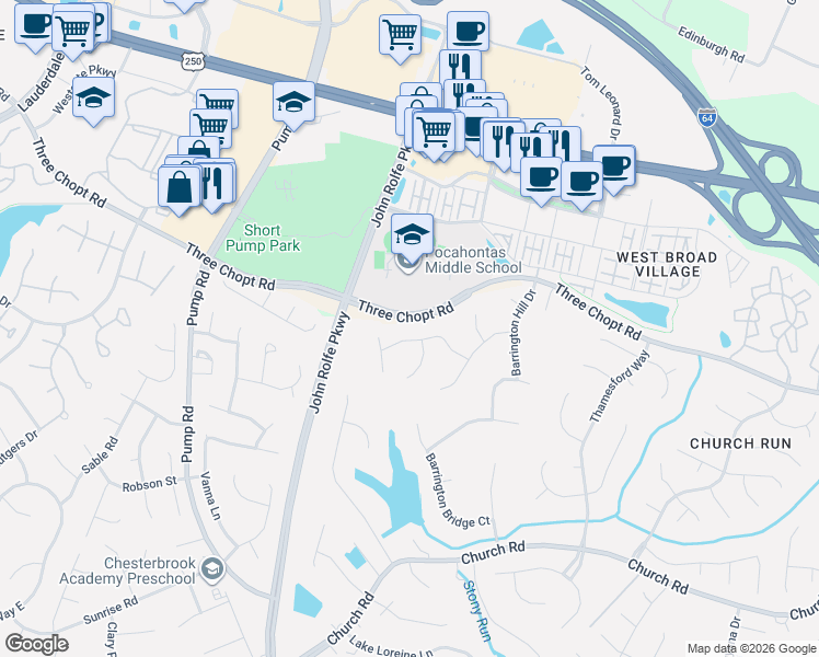 map of restaurants, bars, coffee shops, grocery stores, and more near 3821 Barrington Branch Court in Richmond