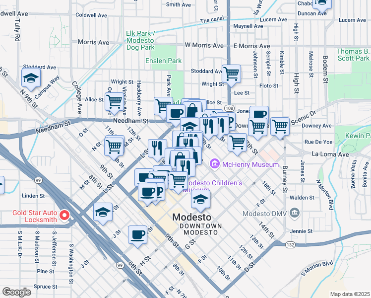 map of restaurants, bars, coffee shops, grocery stores, and more near 1025 14th Street in Modesto