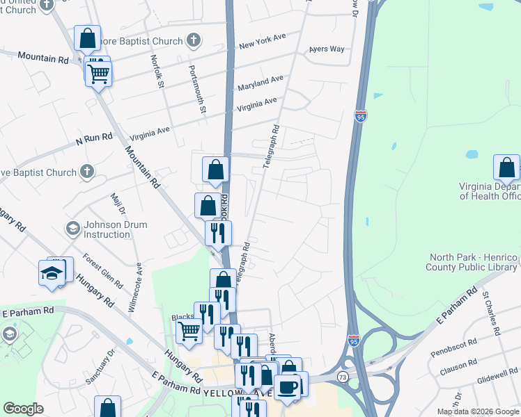 map of restaurants, bars, coffee shops, grocery stores, and more near 8733 Telegraph Road in Glen Allen