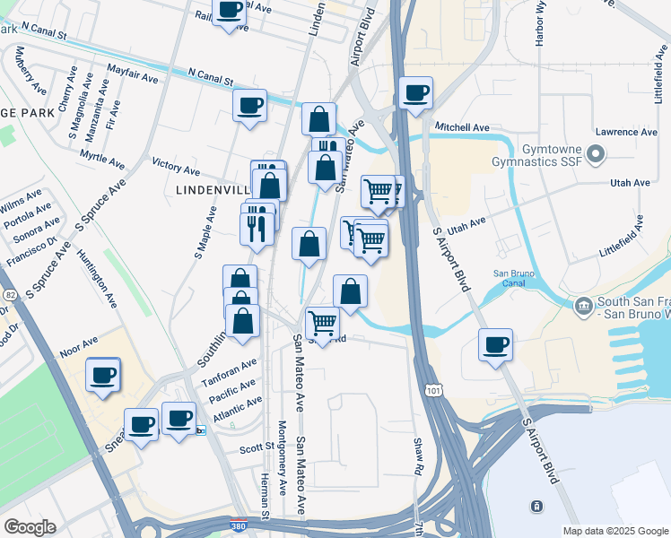 map of restaurants, bars, coffee shops, grocery stores, and more near 1350 San Mateo Avenue in South San Francisco