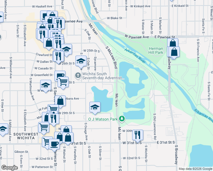 map of restaurants, bars, coffee shops, grocery stores, and more near 601 West 27th Street South in Wichita