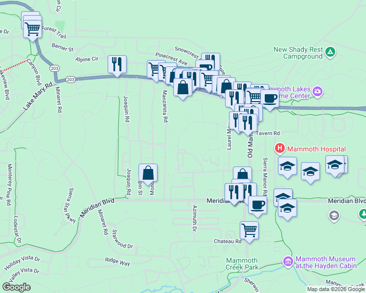 map of restaurants, bars, coffee shops, grocery stores, and more near 283 Chaparral Road in Mammoth Lakes