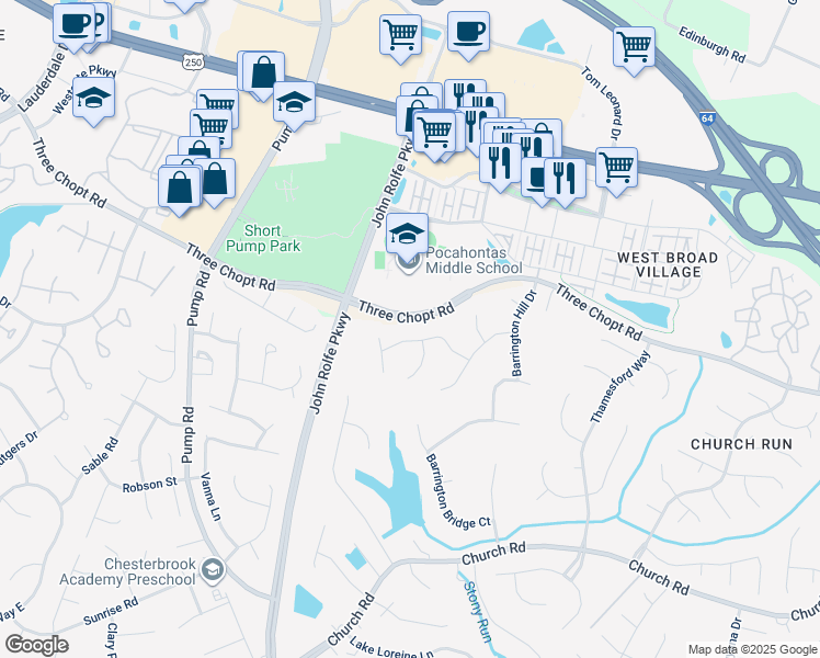 map of restaurants, bars, coffee shops, grocery stores, and more near 11528 Longview Landing Drive in Short Pump