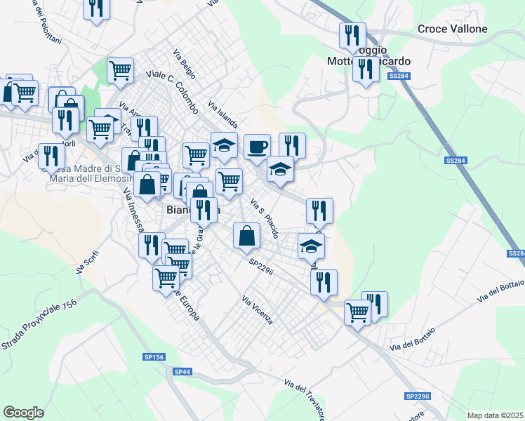 map of restaurants, bars, coffee shops, grocery stores, and more near 53 Via San Placido in Biancavilla