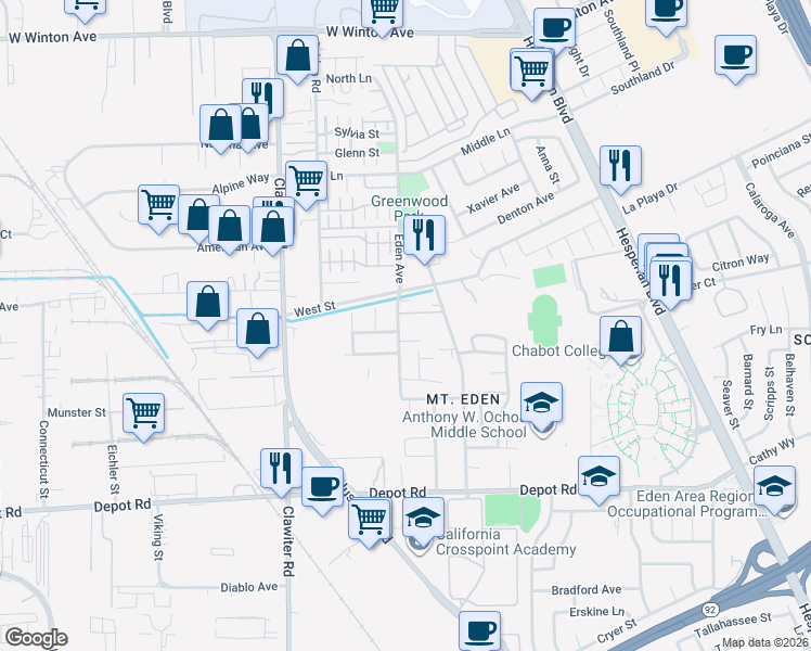 map of restaurants, bars, coffee shops, grocery stores, and more near 24594 Eden Ave in Hayward