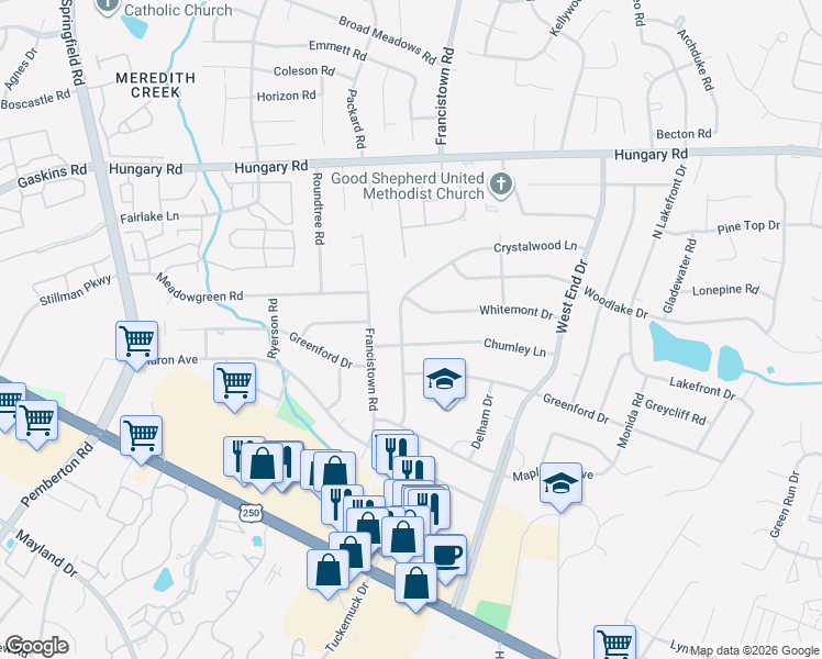 map of restaurants, bars, coffee shops, grocery stores, and more near 4003 Crystalwood Lane in Richmond