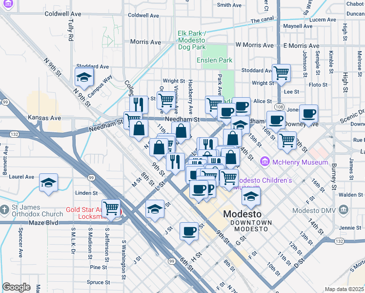 map of restaurants, bars, coffee shops, grocery stores, and more near 1220 11th Street in Modesto