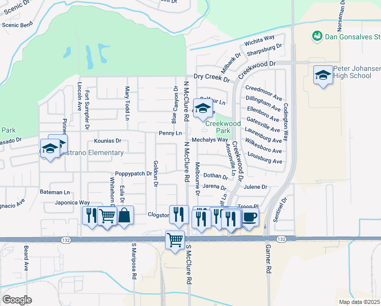 map of restaurants, bars, coffee shops, grocery stores, and more near 428 North McClure Road in Modesto
