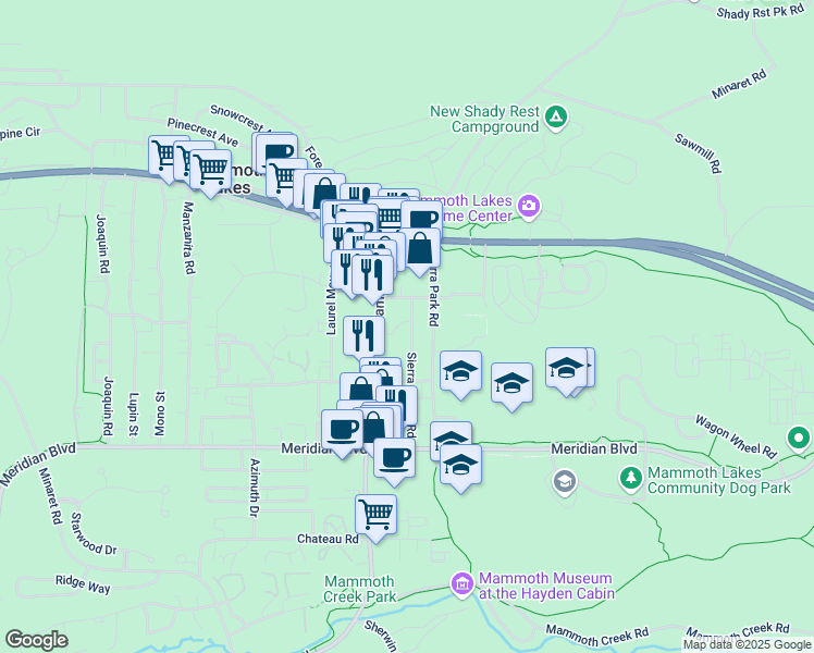map of restaurants, bars, coffee shops, grocery stores, and more near 69 Sierra Manor Road in Mammoth Lakes