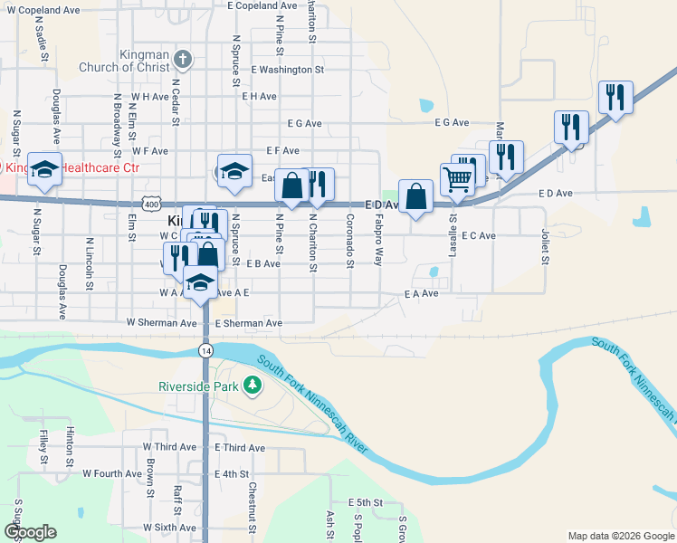 map of restaurants, bars, coffee shops, grocery stores, and more near 437 East B Avenue in Kingman