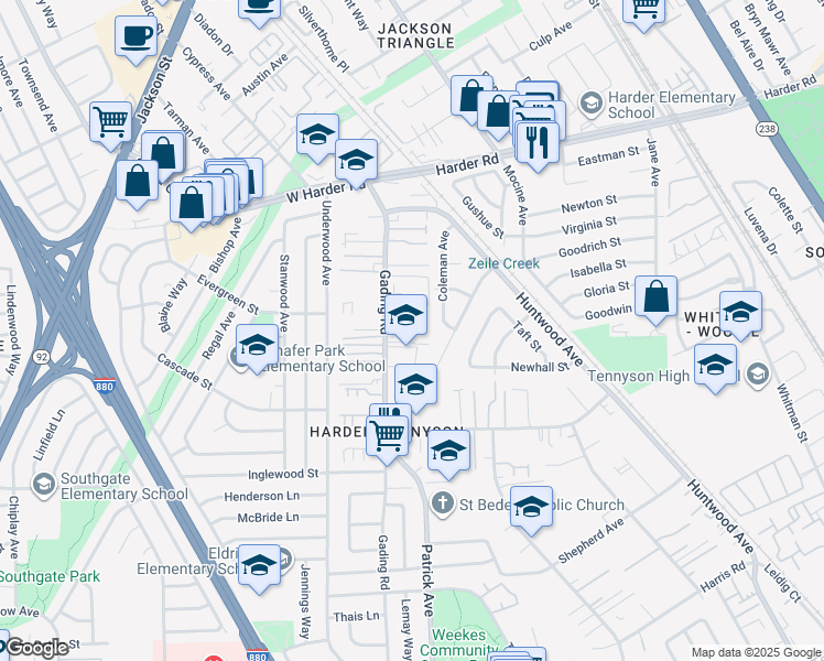 map of restaurants, bars, coffee shops, grocery stores, and more near 318 Dumont Avenue in Hayward
