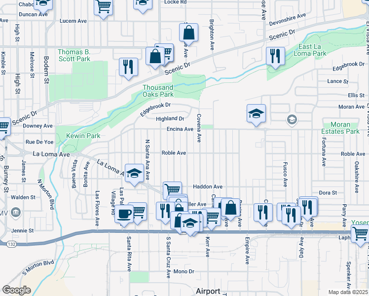 map of restaurants, bars, coffee shops, grocery stores, and more near 405 Rowland Avenue in Modesto