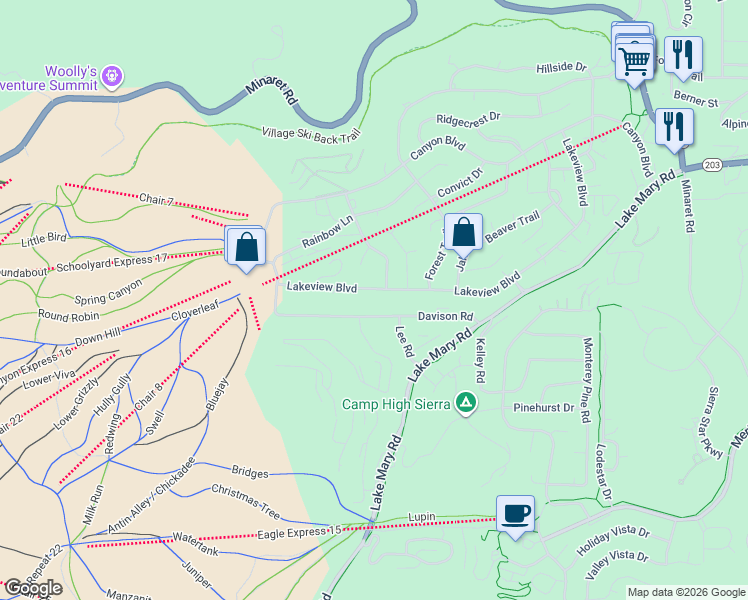 map of restaurants, bars, coffee shops, grocery stores, and more near 435 Lakeview Boulevard in Mammoth Lakes