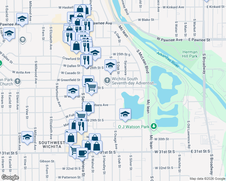 map of restaurants, bars, coffee shops, grocery stores, and more near 819 West 27th Street South in Wichita