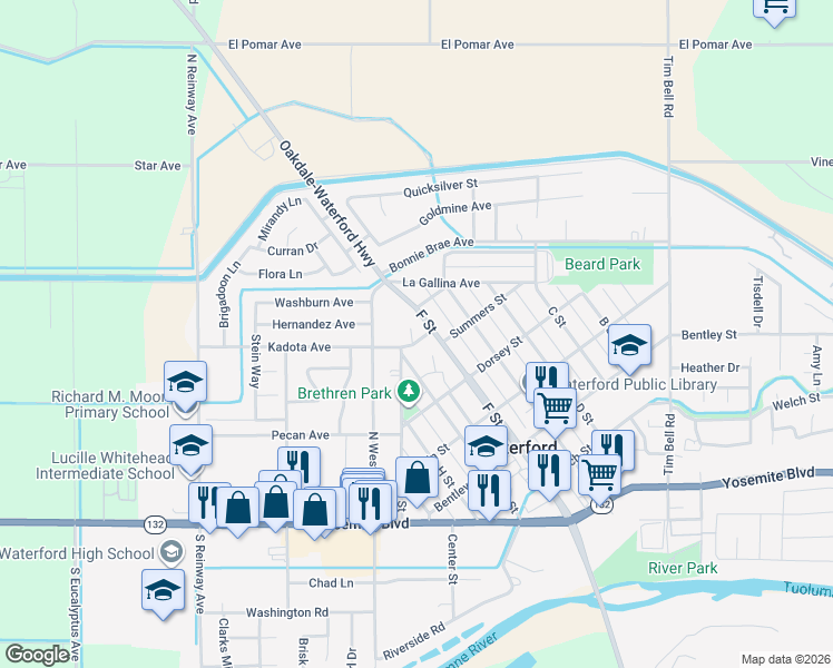 map of restaurants, bars, coffee shops, grocery stores, and more near 12356 Rose Way in Waterford