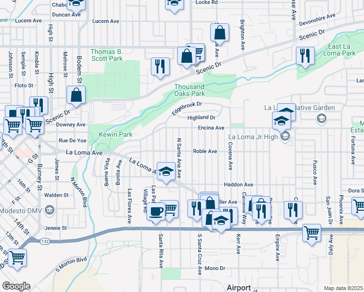 map of restaurants, bars, coffee shops, grocery stores, and more near 402 North Santa Ana Avenue in Modesto