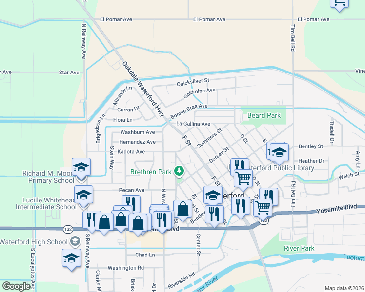 map of restaurants, bars, coffee shops, grocery stores, and more near 12356 Rose Way in Waterford