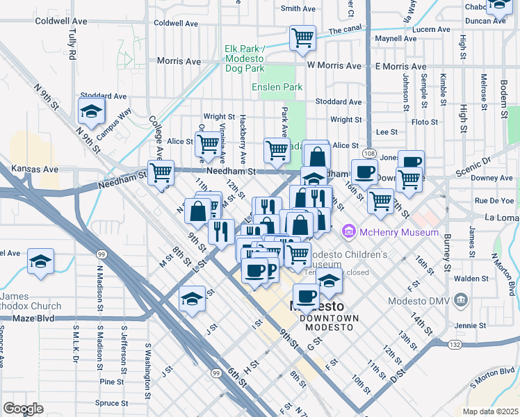 map of restaurants, bars, coffee shops, grocery stores, and more near 1201 California 108 in Modesto