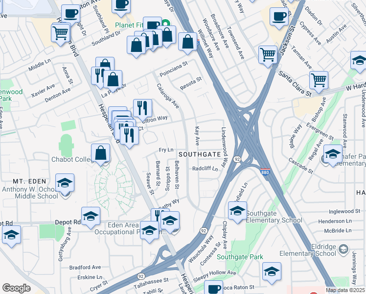 map of restaurants, bars, coffee shops, grocery stores, and more near 25381 Belhaven Street in Hayward
