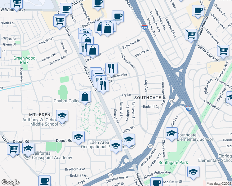 map of restaurants, bars, coffee shops, grocery stores, and more near 25091 Copa Del Oro Drive in Hayward