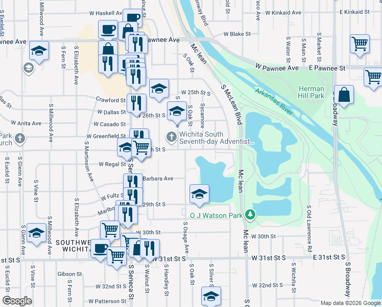 map of restaurants, bars, coffee shops, grocery stores, and more near 725 West 27th Street South in Wichita