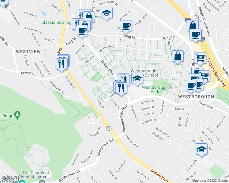 map of restaurants, bars, coffee shops, grocery stores, and more near 2650 Meath Drive in South San Francisco