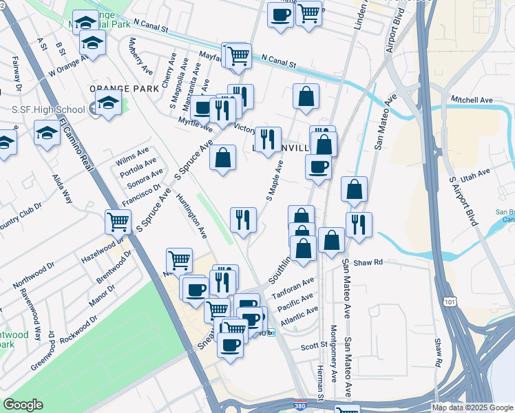 map of restaurants, bars, coffee shops, grocery stores, and more near 263 South Maple Avenue in South San Francisco