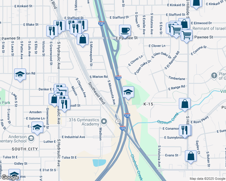 map of restaurants, bars, coffee shops, grocery stores, and more near 2668 South Minnesota Avenue in Wichita