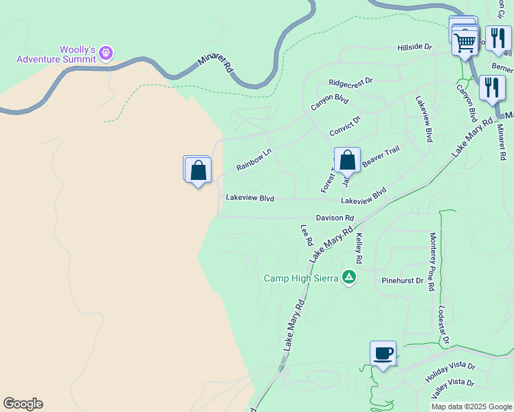 map of restaurants, bars, coffee shops, grocery stores, and more near 527 Lakeview Boulevard in Mammoth Lakes