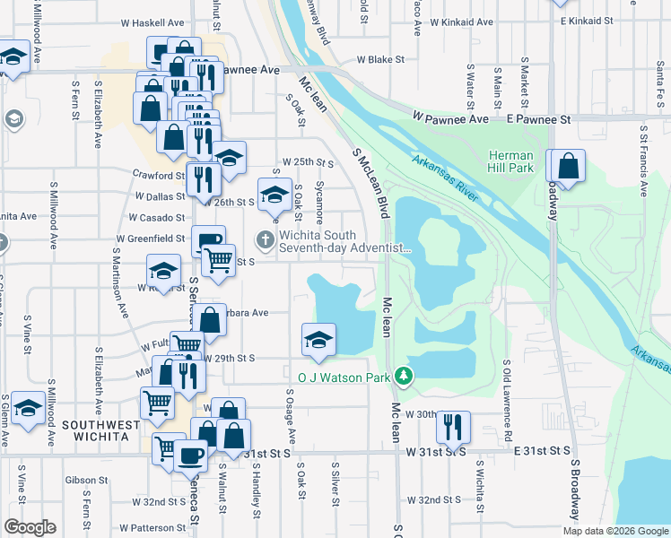 map of restaurants, bars, coffee shops, grocery stores, and more near 601 West 27th Street South in Wichita