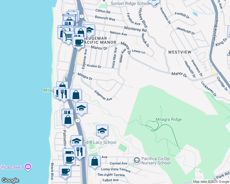 map of restaurants, bars, coffee shops, grocery stores, and more near 815 Edgemar Ave in Pacifica