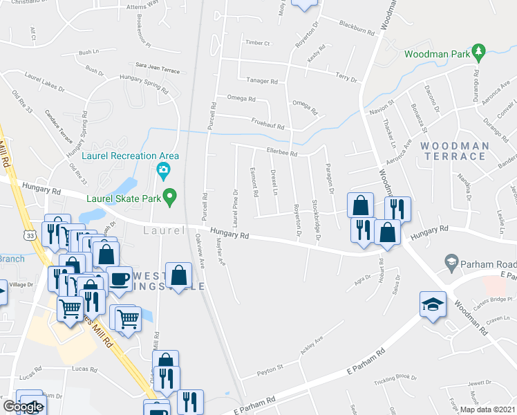 map of restaurants, bars, coffee shops, grocery stores, and more near 9703 Esmont Road in Henrico