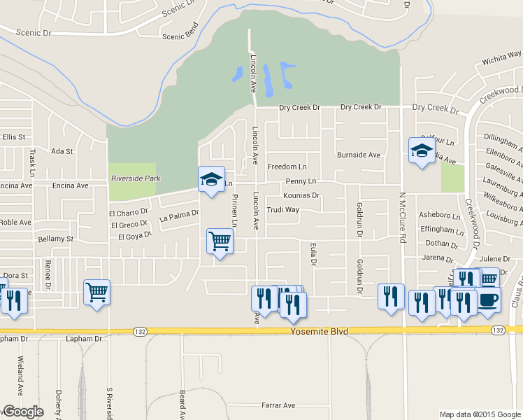 map of restaurants, bars, coffee shops, grocery stores, and more near 429 Chamise Drive in Modesto