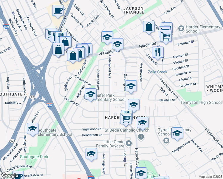 map of restaurants, bars, coffee shops, grocery stores, and more near 26220 Underwood Avenue in Hayward