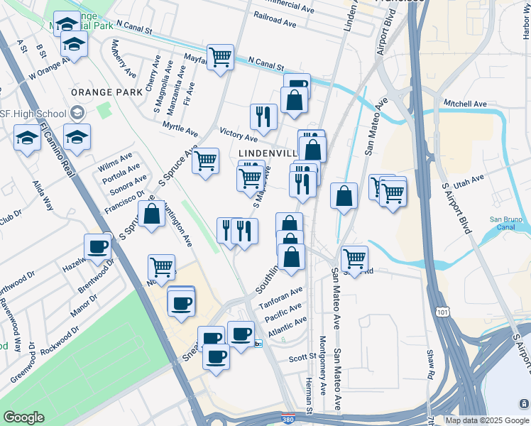 map of restaurants, bars, coffee shops, grocery stores, and more near 263 South Maple Avenue in South San Francisco