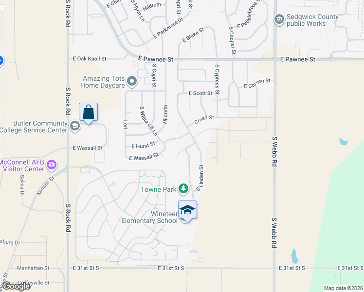 map of restaurants, bars, coffee shops, grocery stores, and more near 8826 East Denker Circle in Wichita