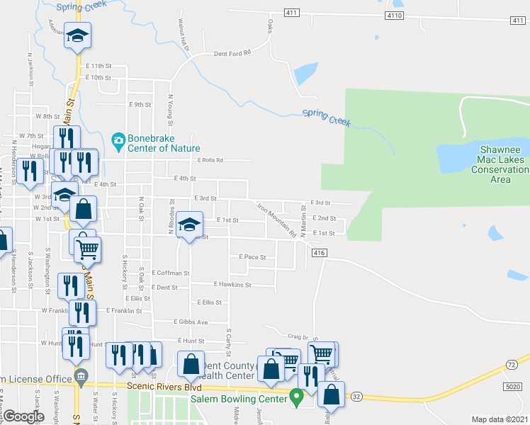 map of restaurants, bars, coffee shops, grocery stores, and more near 1105 Iron Mountain Road in Salem