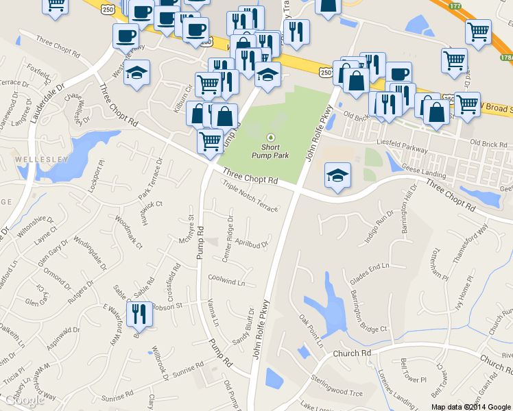 map of restaurants, bars, coffee shops, grocery stores, and more near 11735 Triple Notch Terrace in Richmond