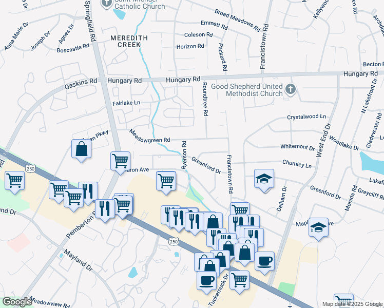 map of restaurants, bars, coffee shops, grocery stores, and more near 9318 Greenford Drive in Richmond