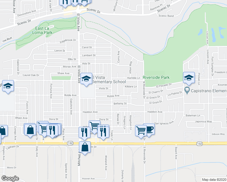 map of restaurants, bars, coffee shops, grocery stores, and more near 408 Trask Lane in Modesto