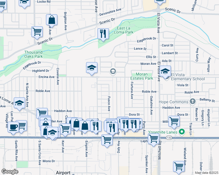 map of restaurants, bars, coffee shops, grocery stores, and more near 406 Fusco Avenue in Modesto