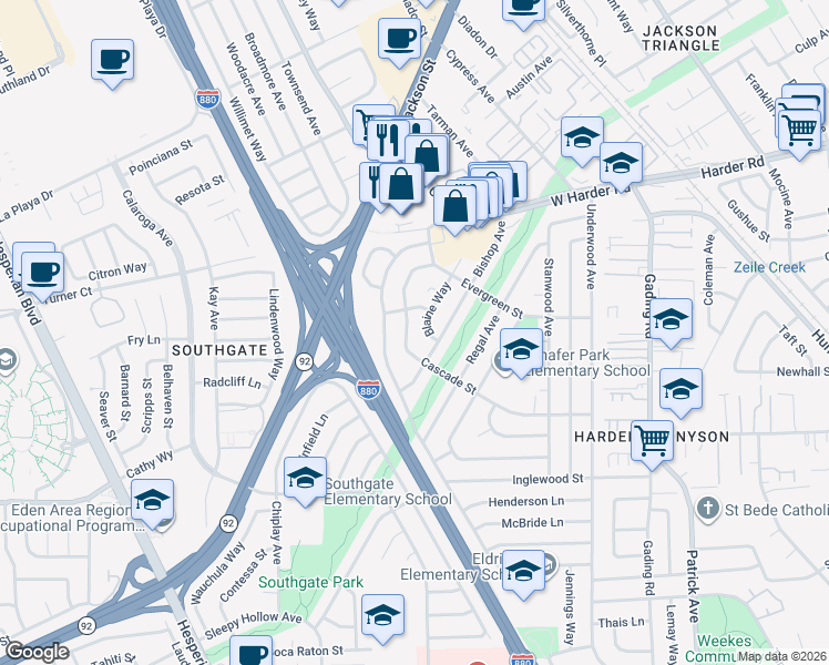 map of restaurants, bars, coffee shops, grocery stores, and more near 26054 Cascade Street in Hayward