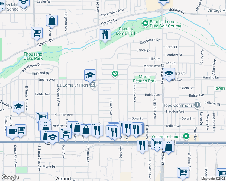 map of restaurants, bars, coffee shops, grocery stores, and more near 408 Fusco Avenue in Modesto