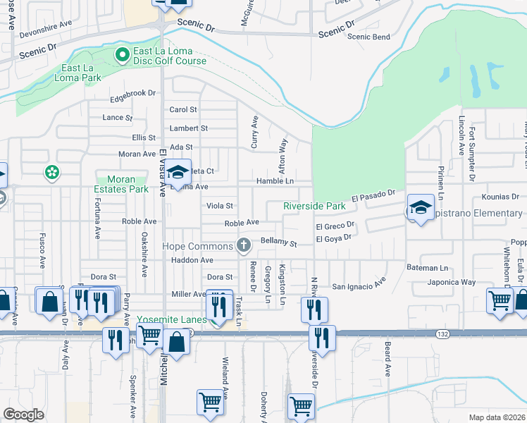 map of restaurants, bars, coffee shops, grocery stores, and more near 409 Donegal Drive in Modesto