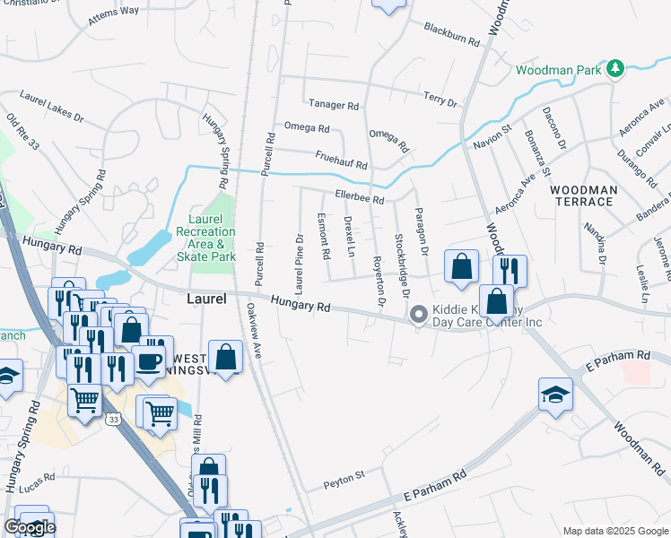 map of restaurants, bars, coffee shops, grocery stores, and more near 9703 Esmont Road in Henrico
