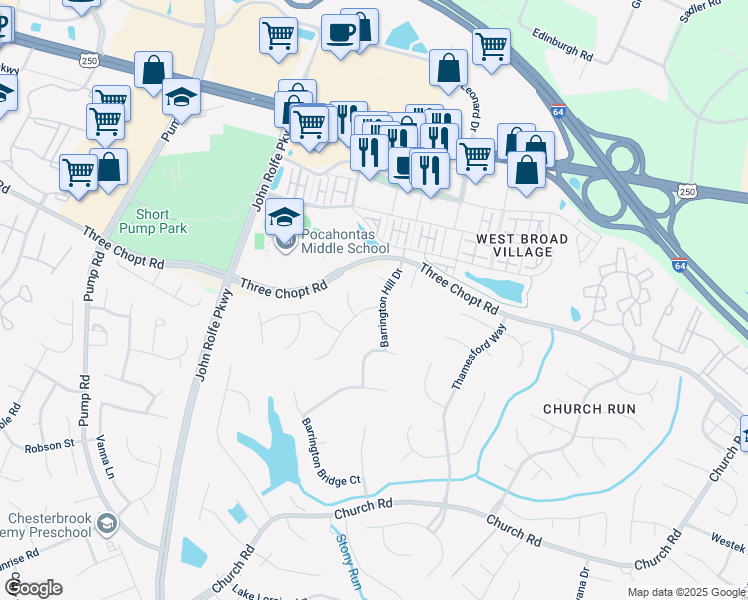 map of restaurants, bars, coffee shops, grocery stores, and more near 3836 Indigo Run Drive in Henrico