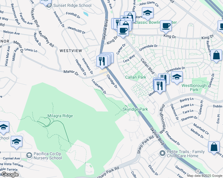 map of restaurants, bars, coffee shops, grocery stores, and more near 685 Heather Court in Pacifica